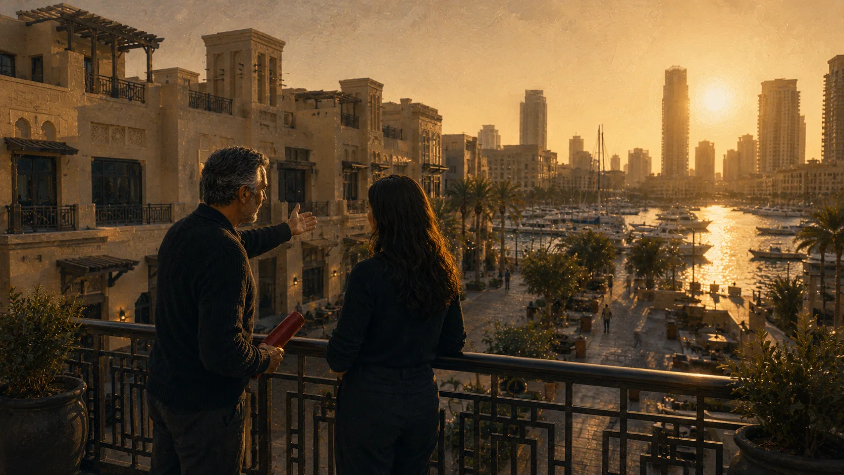 An agent working on a balcony above the marina at golden hour