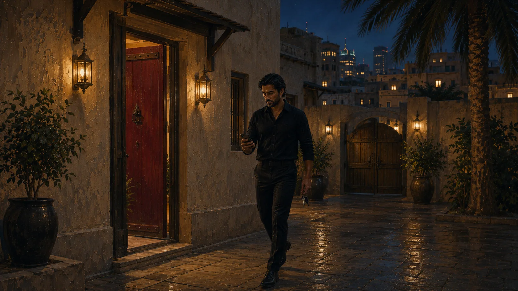 An agent walking through a courtyard past a red door at golden hour