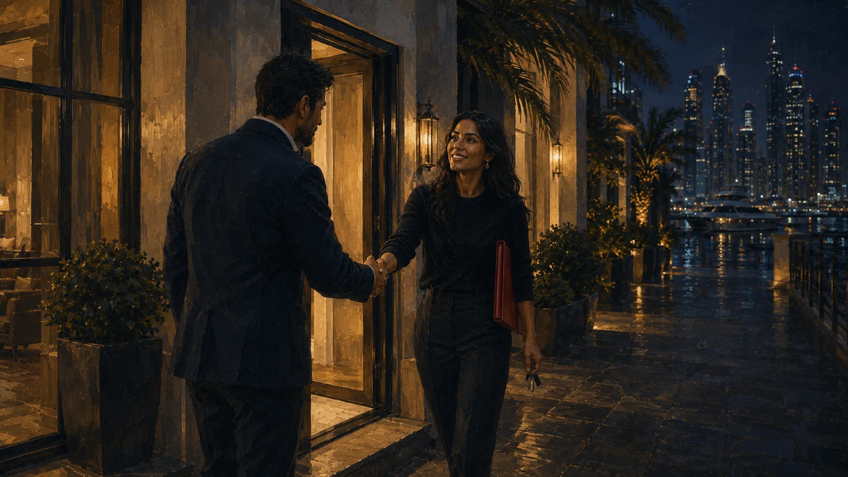 A TopStreet person and an agent meeting in a doorway in Dubai