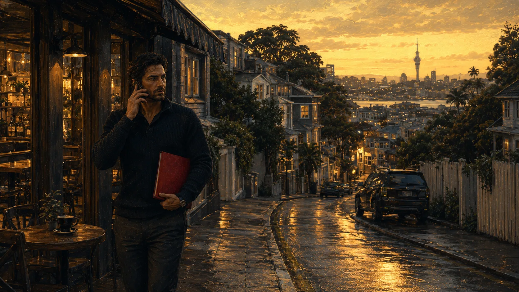 An agent on a call on an Auckland hillside street