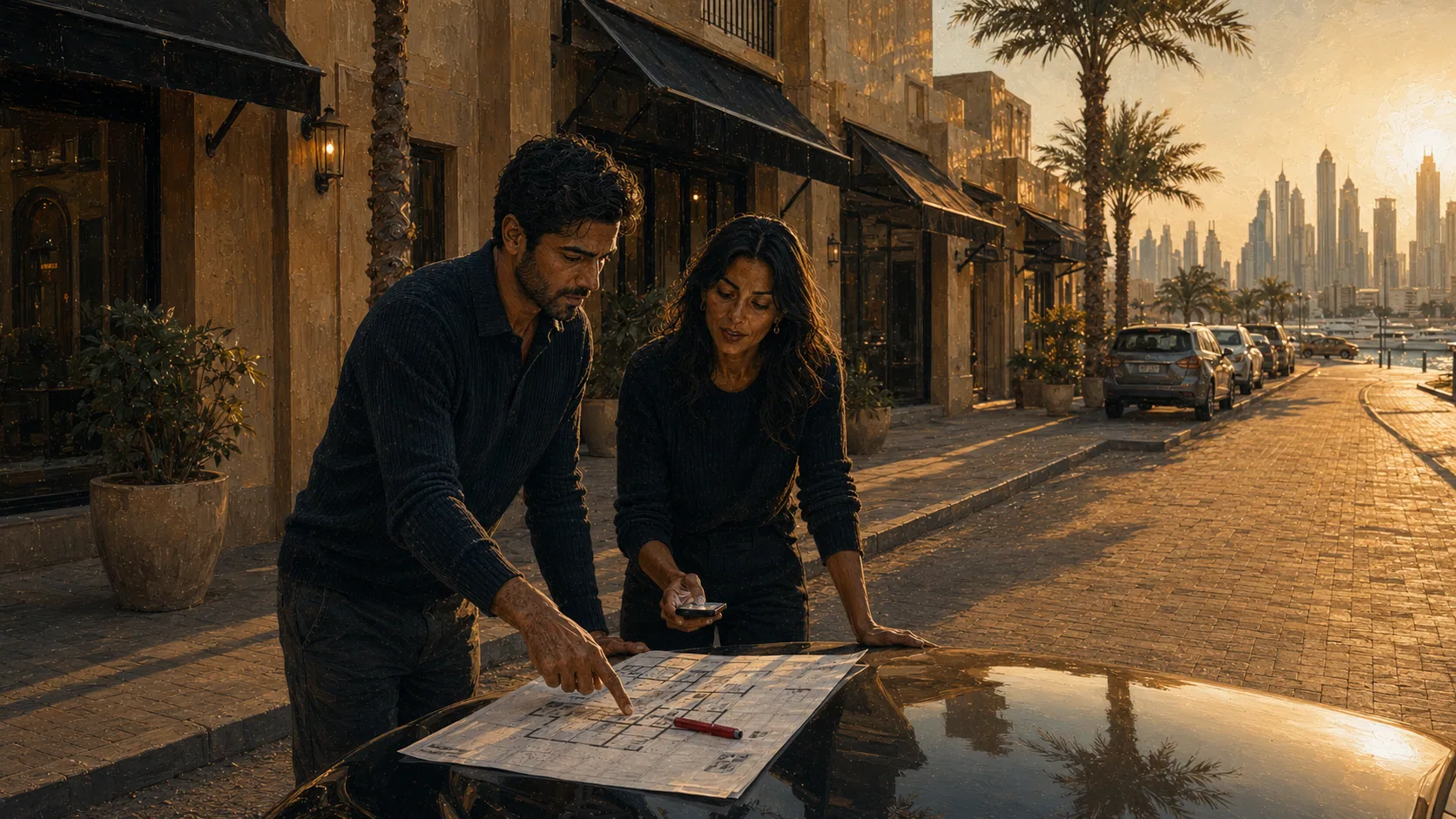 An agent going through a plan with a client on the street