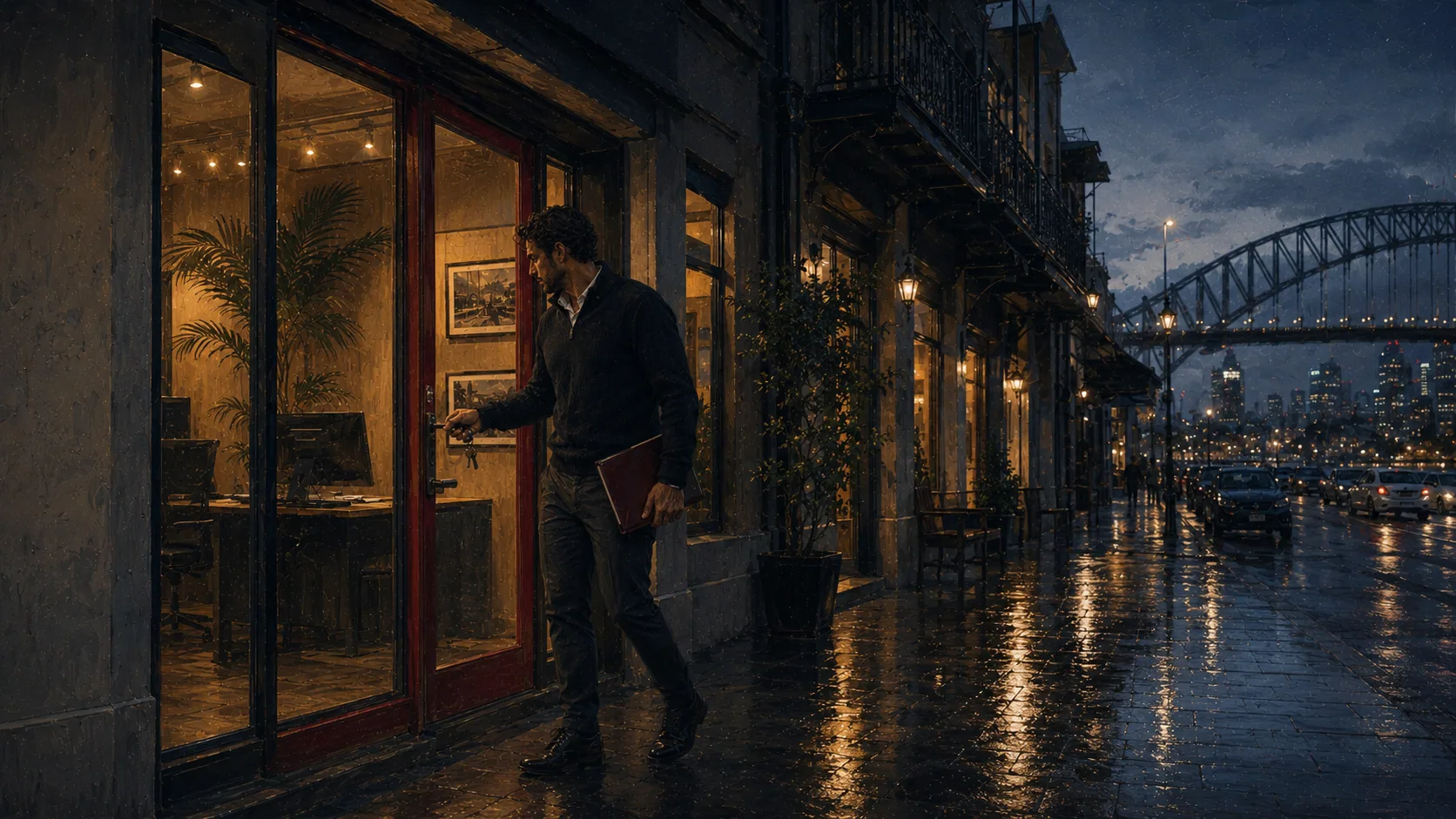 An agent walking past a lit shopfront office in Sydney at dusk