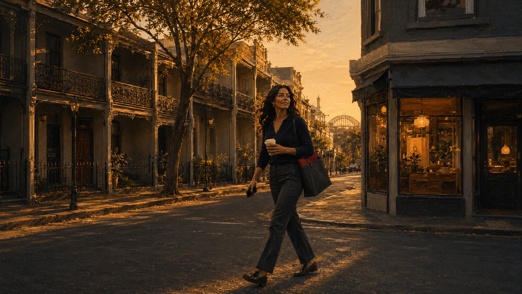 An agent walking a Sydney street at dusk between appointments